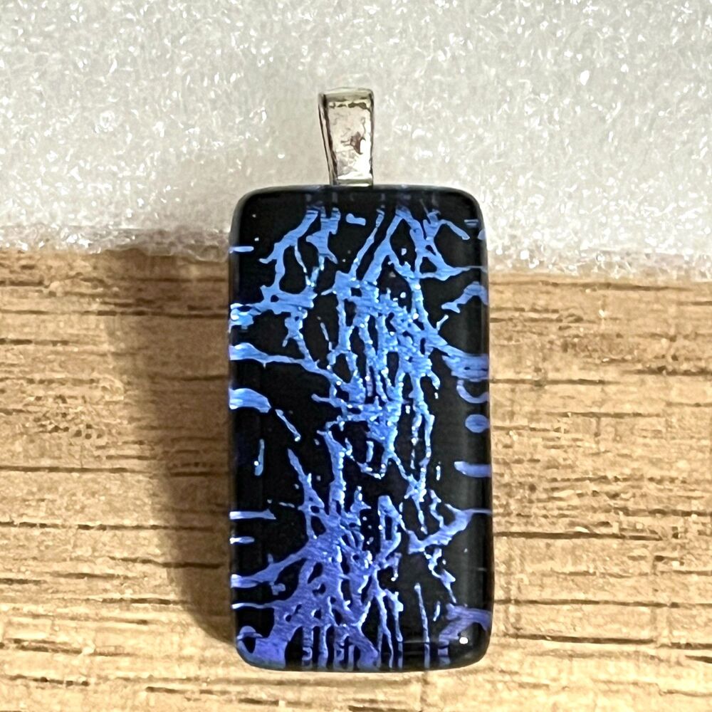 Dichroic Glass Pendant Blue Foil Black Rectangle Fused Glass Artisan Boho